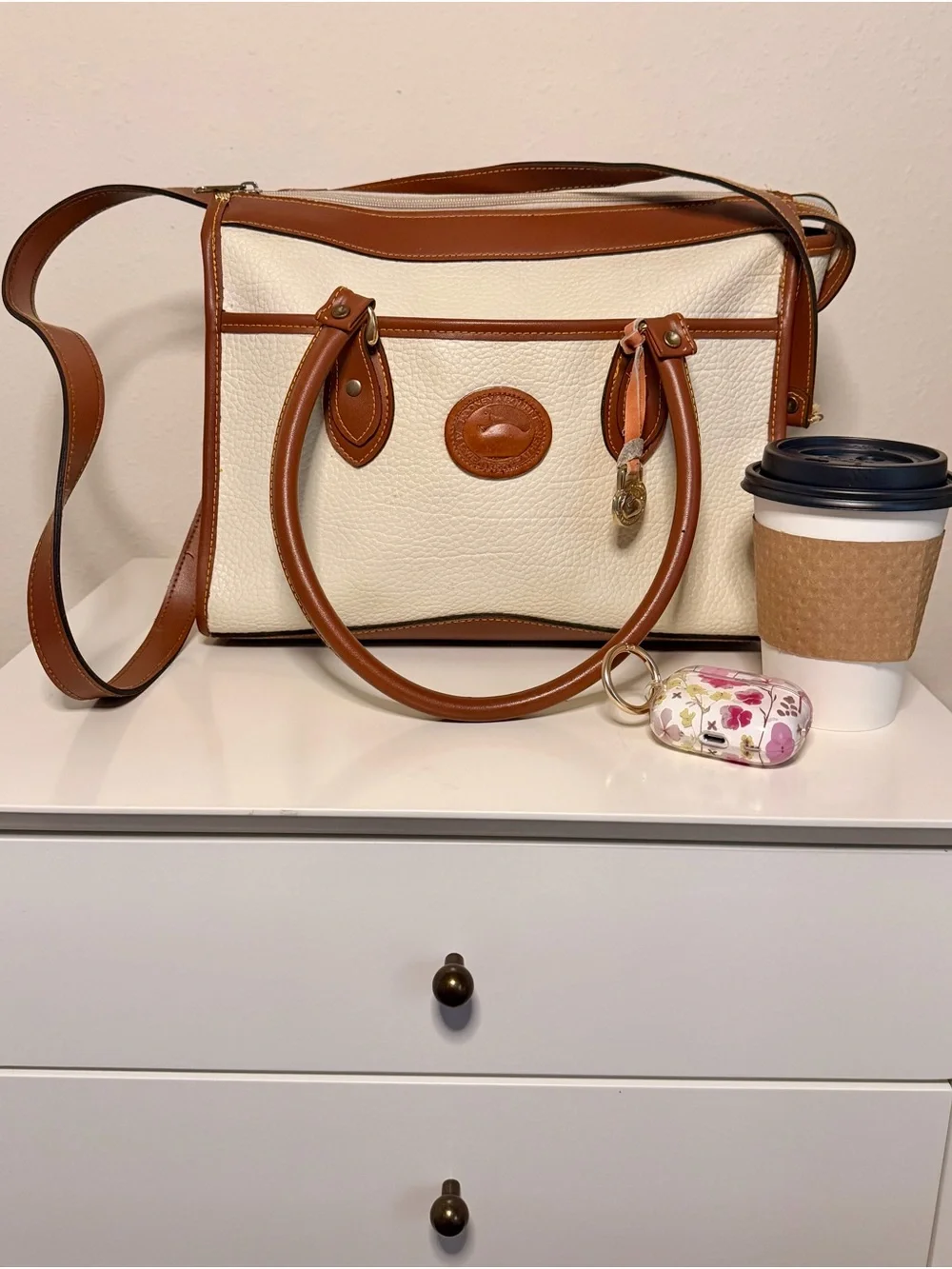 Vintage Dooney & Bourke Cream and Tan Pebble Leather Satchel and Crossbody Bag